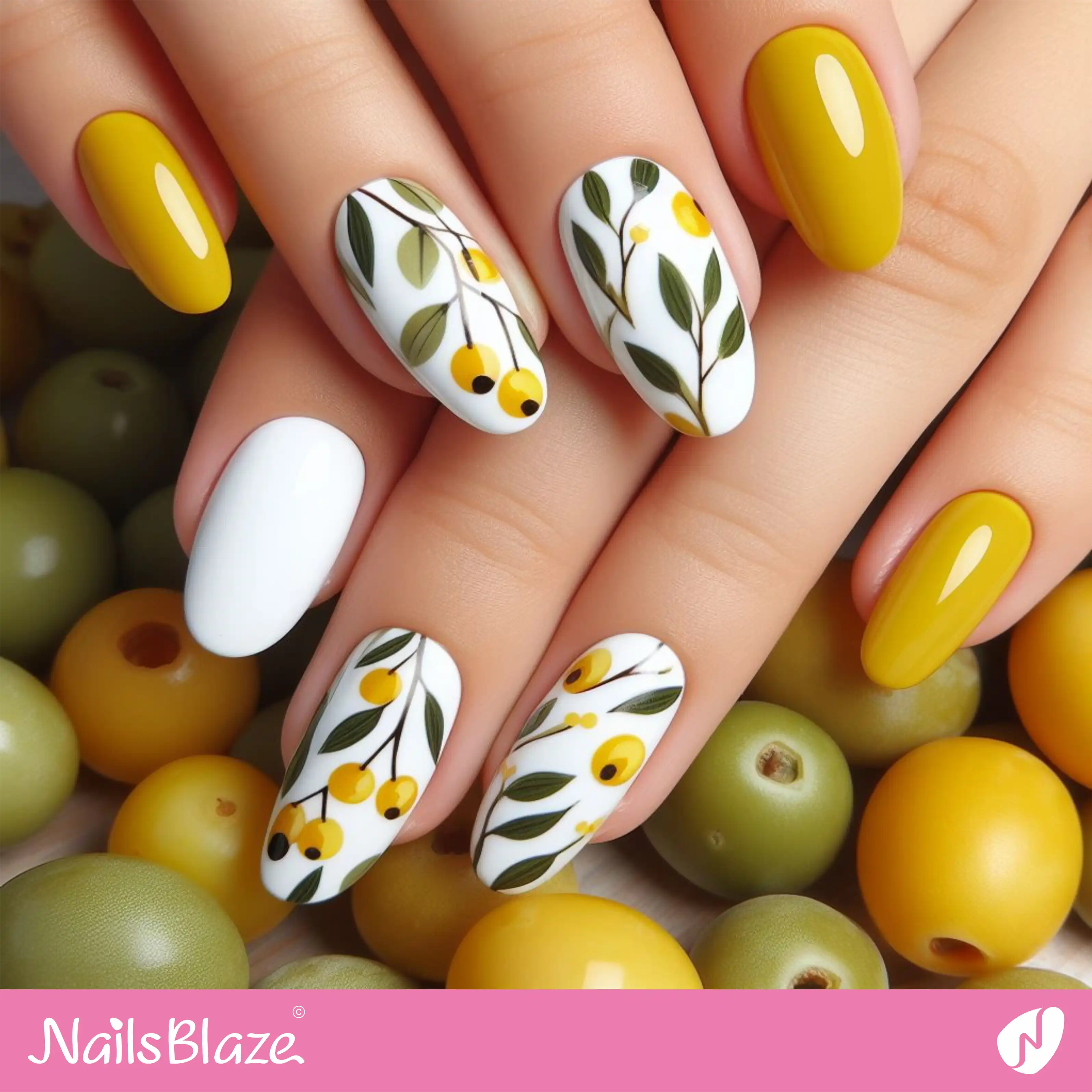 Yellow and White Olive Leaves Nails | Nature-inspired Nails - NB1615